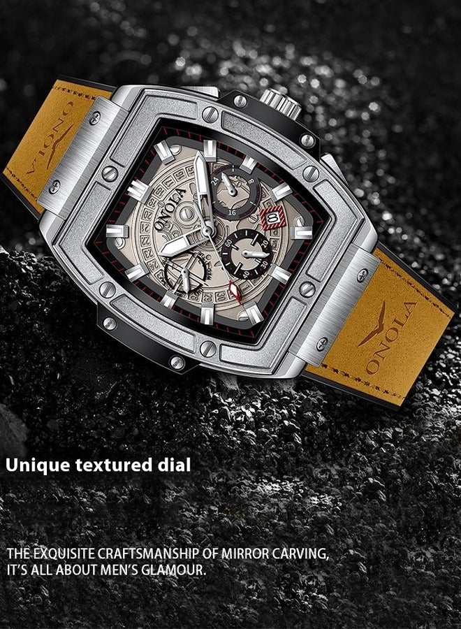 ONOLA ​​ONOLA Men's Multifunction Quartz Watch - Silver Dial with Brown Leather Strap, Stainless Steel Case, 30M Water Resistance, Business Casual Style for Office & Social Occasions​​ - Image 4