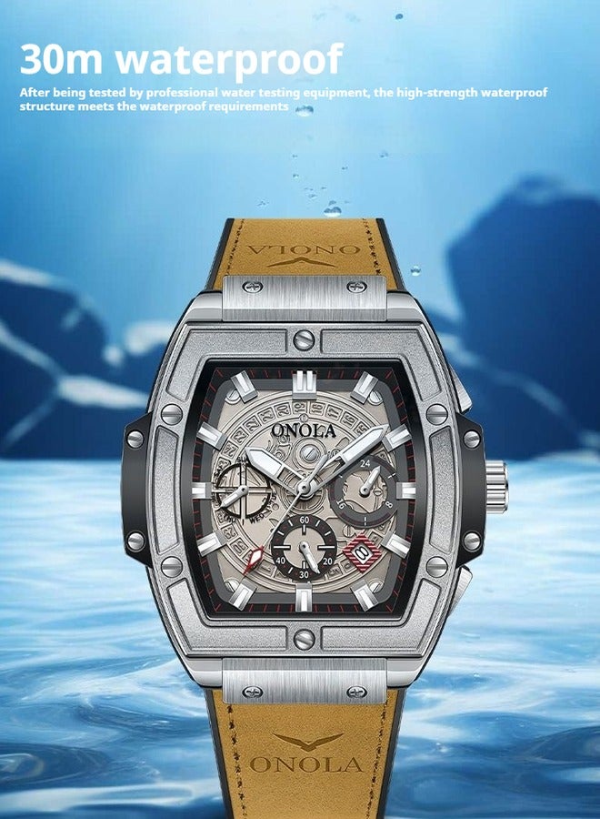 ONOLA ​​ONOLA Men's Multifunction Quartz Watch - Silver Dial with Brown Leather Strap, Stainless Steel Case, 30M Water Resistance, Business Casual Style for Office & Social Occasions​​ - Image 5