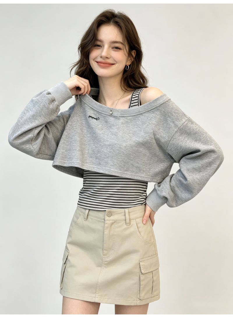 ZARA Women’s Off-Shoulder Cropped Sweatshirt & Striped Cami 2-Piece Set - Image 4