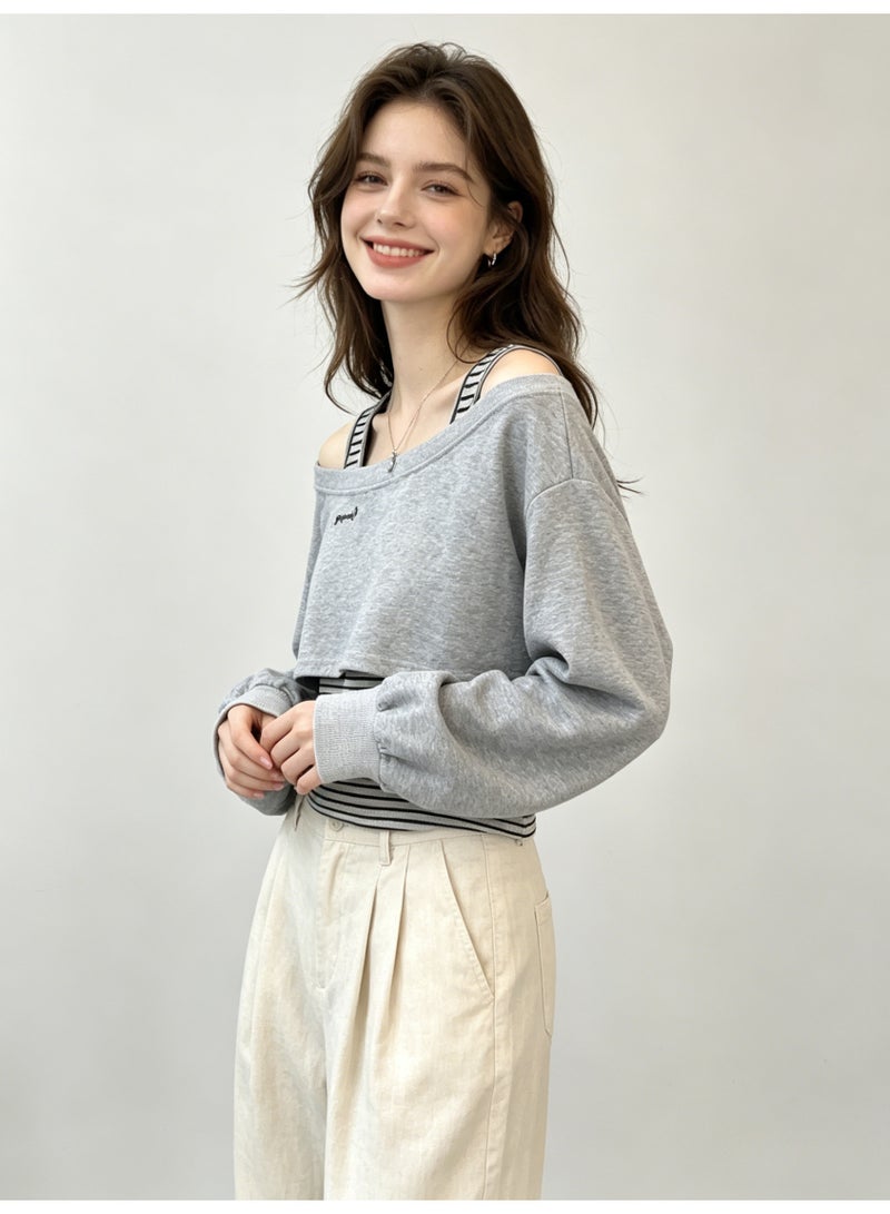 ZARA Women’s Off-Shoulder Cropped Sweatshirt & Striped Cami 2-Piece Set - Image 3