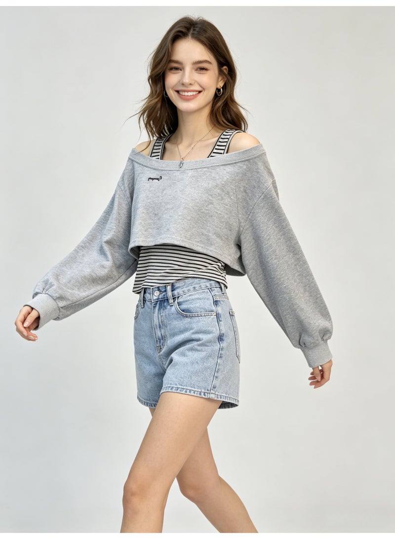 ZARA Women’s Off-Shoulder Cropped Sweatshirt & Striped Cami 2-Piece Set - Image 2