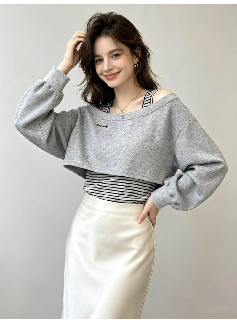 ZARA Women’s Off-Shoulder Cropped Sweatshirt & Striped Cami 2-Piece Set - Image 1