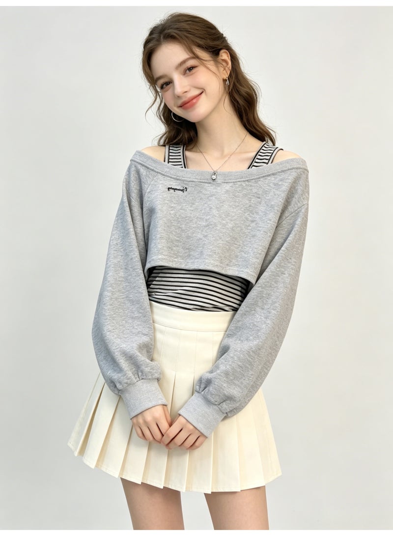 ZARA Women’s Off-Shoulder Cropped Sweatshirt & Striped Cami 2-Piece Set - Image 5