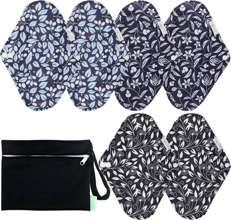 Wegreeco Reusable Menstrual Pads - Reusable Sanitary Pads | Reusable Panty Liners | Soft Cloth Menstrual Pads - 6 Pack with 1 Cloth Mini Wet Bag (Large, Leaves 02) - Image 1
