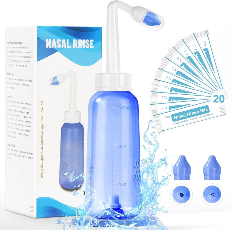 Showvigor Neti Pot Sinus Rinse Bottle - Gentle Nasal Wash Bottle Nose Cleaner for Effective Pressure Irrigatio 300 ML with 20 Nasal Wash Salt Packets 