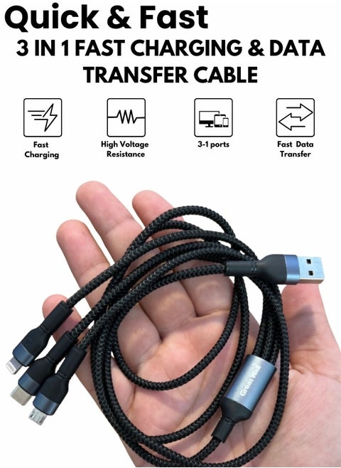 3-in-1 Multi Charging Cable USB to C type Android & iPhone Fast charging Data Transfer cable
