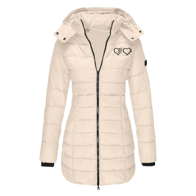 European size cross-border winter womens cotton-padded jacket mid-length slim-fit cotton-padded jacket warm solid color hooded cotton-padded jacket printing Khaki