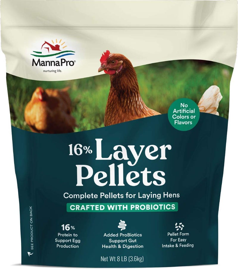 Manna Pro Layer Pellets Chicken Feed, 16% Protein Complete Feed for Laying Hens with Probiotics for Digestive Health, Nutrient-Rich Chicken Food Pellets for Egg Production, Made in USA, 8 lb Bag - Image 1
