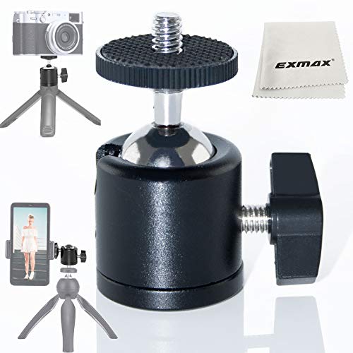 EXMAX 360 Degree Aluminum Alloy Body Rotating Swivel Mini Tripod Ball Head with 1/4" Screw Thread Base Mount for Lighter DSLR Camera Camcorder LED Light Bracket Hiking HTC Vive (Black) - Image 1