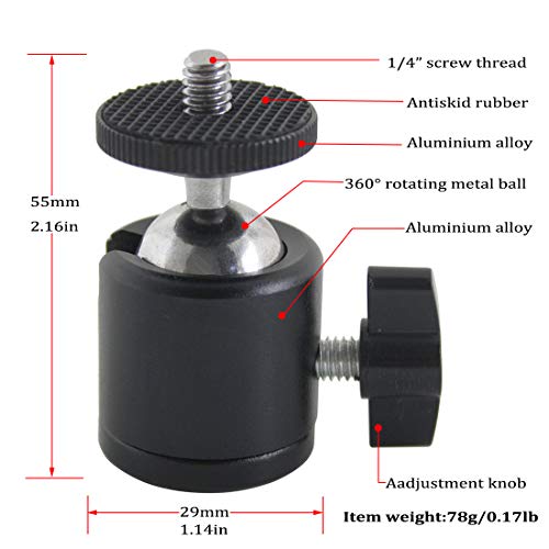 EXMAX 360 Degree Aluminum Alloy Body Rotating Swivel Mini Tripod Ball Head with 1/4" Screw Thread Base Mount for Lighter DSLR Camera Camcorder LED Light Bracket Hiking HTC Vive (Black) - Image 2