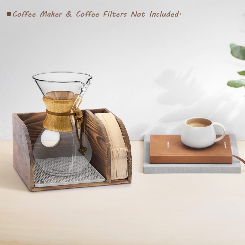 ELLDOO Vintage Wood Coffee Organizer Stand, Compatible with Chemex Coffee Makers, Holds Coffee Maker and Coffee Paper Filters, Fits Collar and Handle Carafes, with Grey Silicone Dripper Mat - Image 3