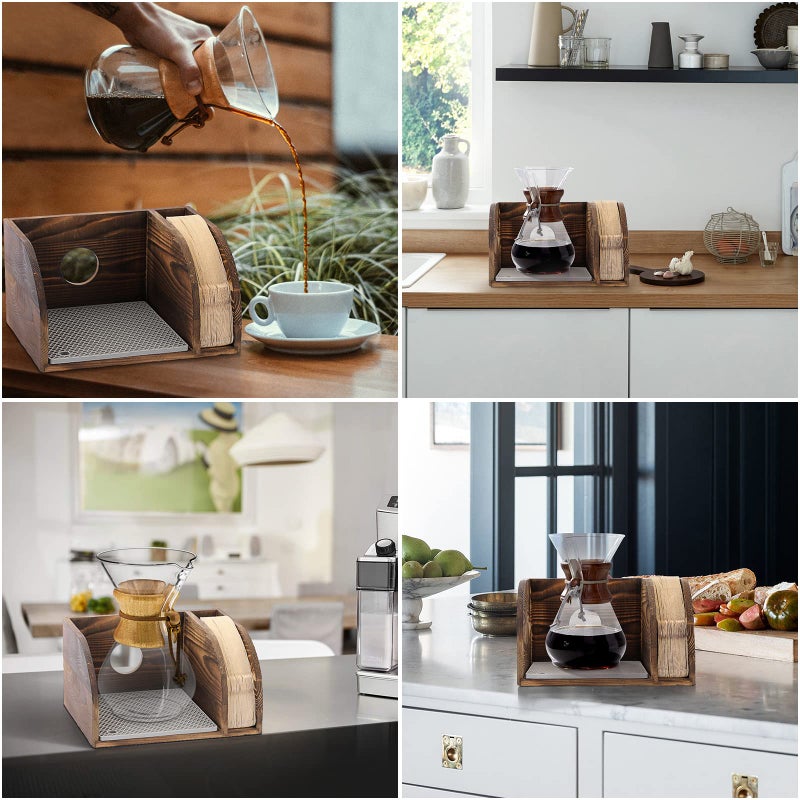 ELLDOO Vintage Wood Coffee Organizer Stand, Compatible with Chemex Coffee Makers, Holds Coffee Maker and Coffee Paper Filters, Fits Collar and Handle Carafes, with Grey Silicone Dripper Mat - Image 4