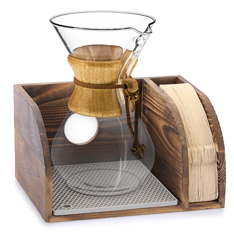 ELLDOO Vintage Wood Coffee Organizer Stand, Compatible with Chemex Coffee Makers, Holds Coffee Maker and Coffee Paper Filters, Fits Collar and Handle Carafes, with Grey Silicone Dripper Mat - Image 1