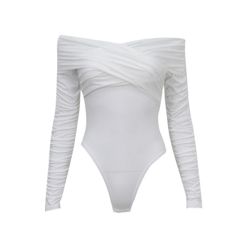 CME Women's One-Shoulder Ruffle Long-Sleeve Slim Fit Bodysuit in Solid Color - Image 1