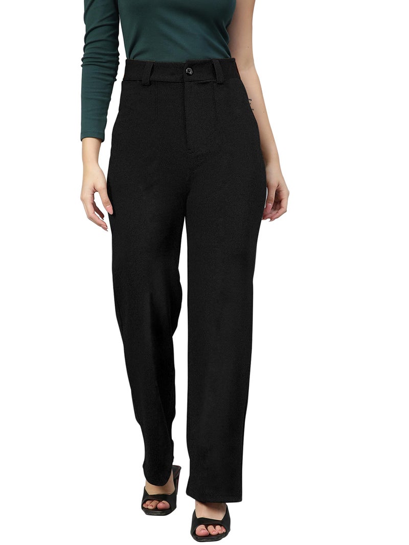 Mehrang High Rise Trousers for Women, Formal Pants for Women, Straight Fit Pants (30, Black) - Image 1