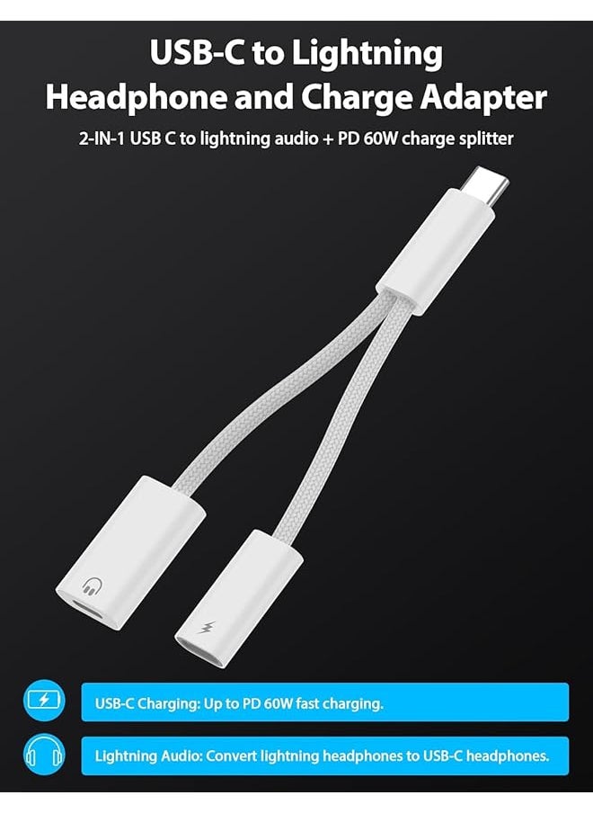 erorex - 2 In 1 Usb C To Lightning Headphone Audio Adapter With 60W Charge For Iphone 15 Pro Max Male Usb C To Female Lightning Earphone Converter With Usb C Fast Charge Splitter For Ipad 10 Not For Data&Otg - Image 1