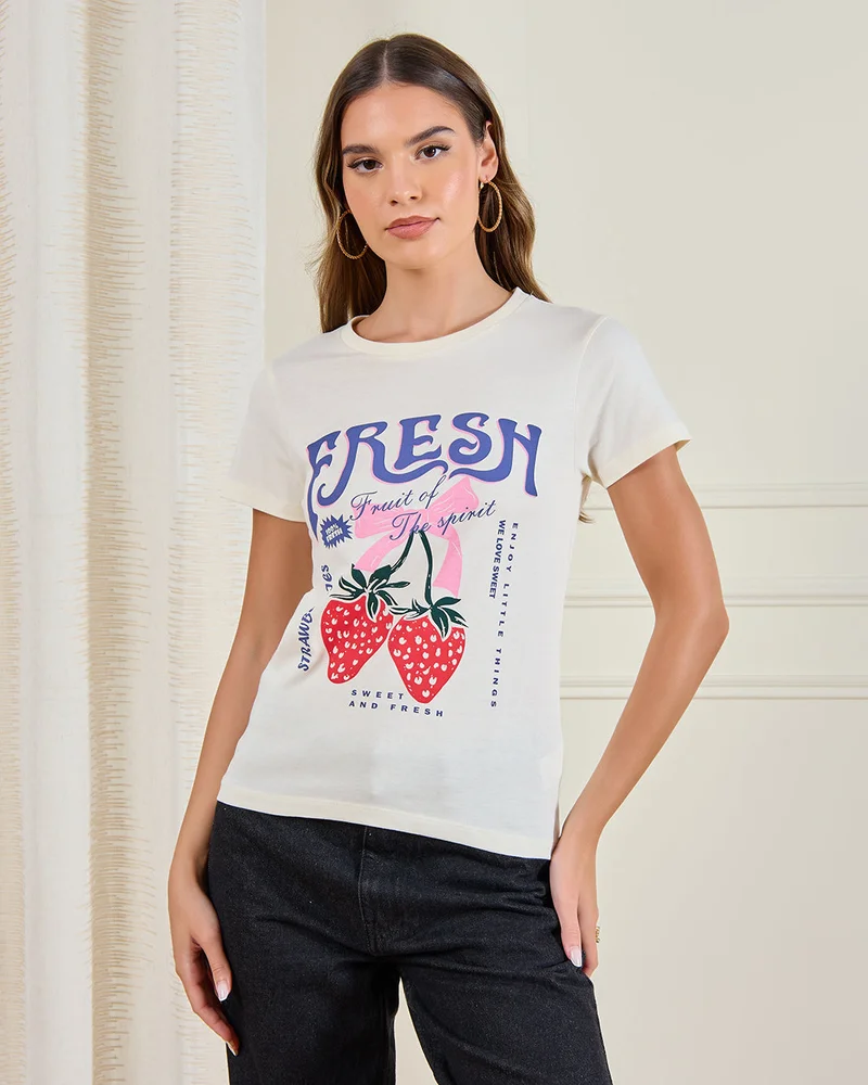 Redtag Women Ivory Strawberry Print T-Shirt