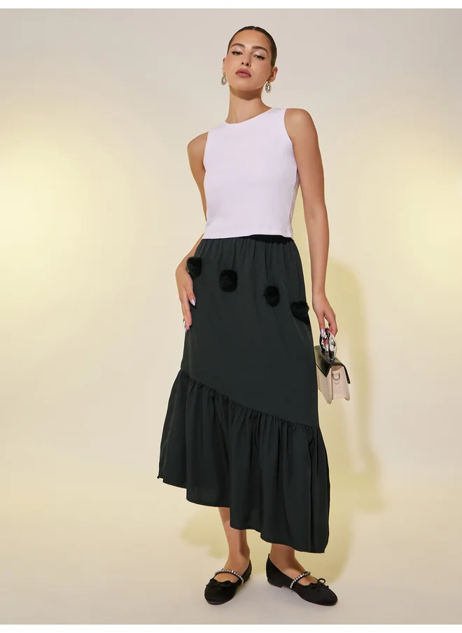 تايك تو Take Two Pom Pom Details Asymmetric Hem Midi Skirt