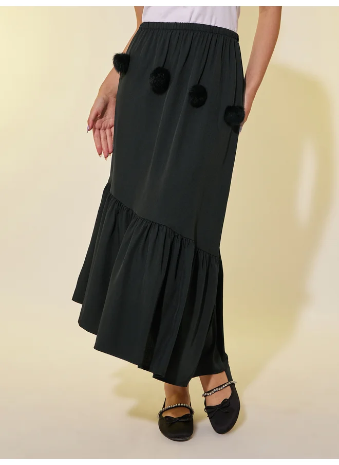 تايك تو Take Two Pom Pom Details Asymmetric Hem Midi Skirt