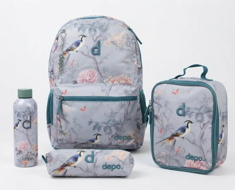 Depo DEPO Light Blue Bird & Floral Print 4-Piece School Backpack Set – 44cm Backpack, Insulated Lunch Bag, Pencil Case & 500ml Water Bottle | Lightweight & Water-Resistant