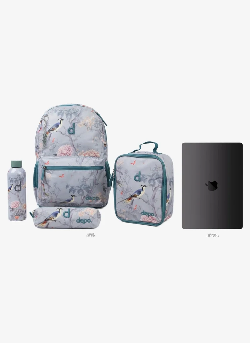 Depo DEPO Light Blue Bird & Floral Print 4-Piece School Backpack Set – 44cm Backpack, Insulated Lunch Bag, Pencil Case & 500ml Water Bottle | Lightweight & Water-Resistant