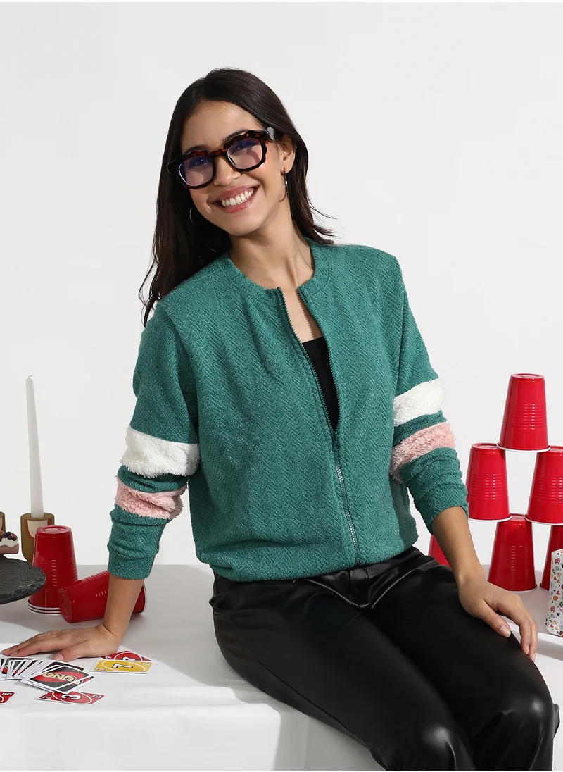 Campus Sutra Women's Sea Green Zip-Front Chevron Jacket