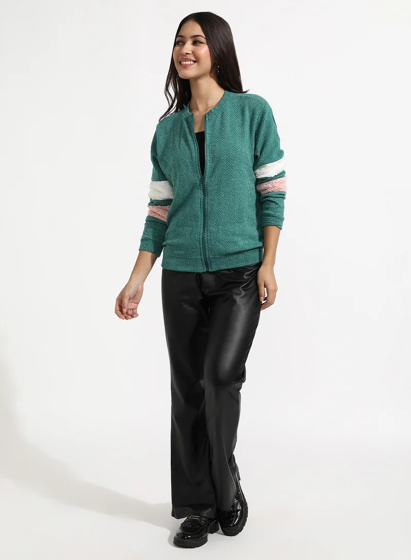 كامبوس سوترا Women's Sea Green Zip-Front Chevron Jacket