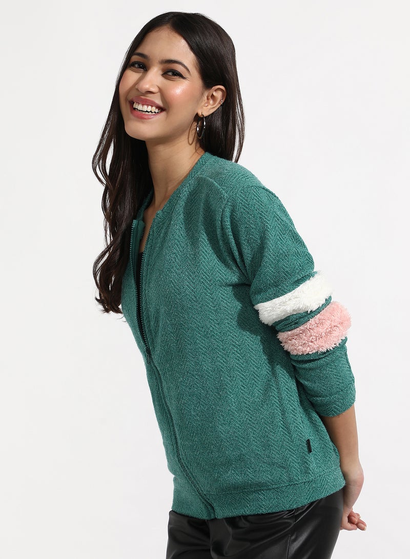 Campus Sutra Women's Sea Green Zip-Front Chevron Jacket  - Image 3