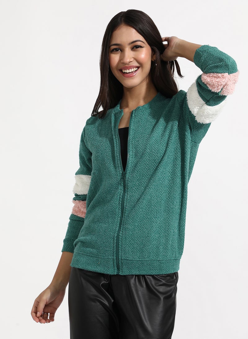Campus Sutra Women's Sea Green Zip-Front Chevron Jacket  - Image 2