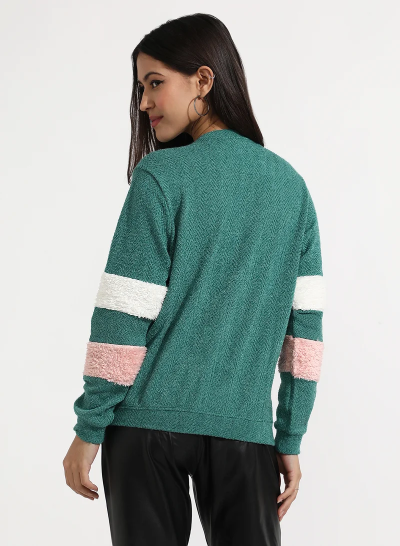 كامبوس سوترا Women's Sea Green Zip-Front Chevron Jacket