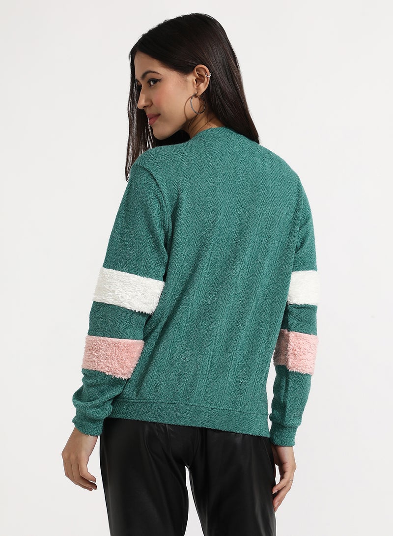 Campus Sutra Women's Sea Green Zip-Front Chevron Jacket  - Image 5