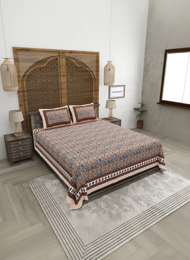 CLOTHOLOGY CLOTHOLOGY Multicoloured & Orange Ethnic Motifs 180 TC King Bedsheet with 2 Pillow Covers