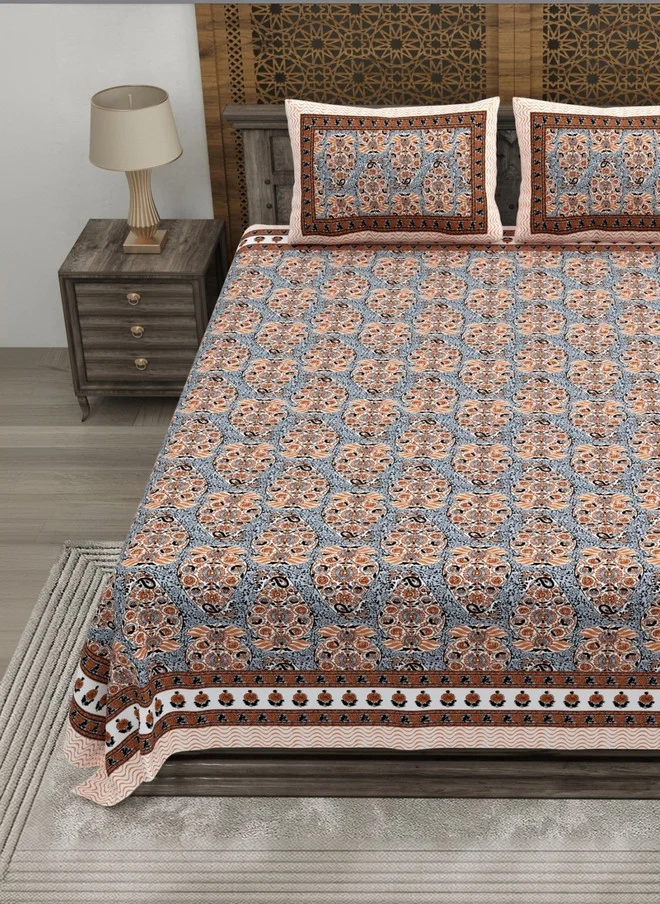 CLOTHOLOGY CLOTHOLOGY Multicoloured & Orange Ethnic Motifs 180 TC King Bedsheet with 2 Pillow Covers