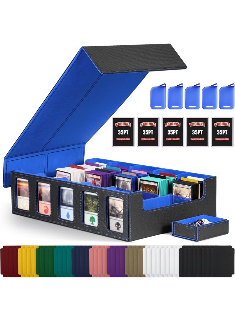 Kabinka Trading Card Storage Box with Commander Display , 4-Row Deck Case with Removable Lid; 2400+ Card Deck Box for MTG TCG Sports Card, 4 Top Loaders, 4 Stoppers, 24 Dividers,1 Dice Bag (Black+Blue) - Image 1