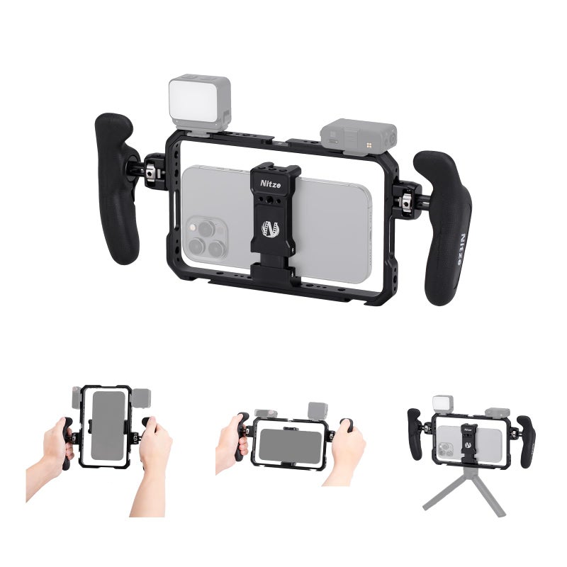 Nitze Smartphone Cage Universal Phone Video Rig with Ergonomic Side Handles Adjustable Cellphone Clamp and 5 Builtin Cold Shoes for Vlogger and Videographer TMP01B - Image 2