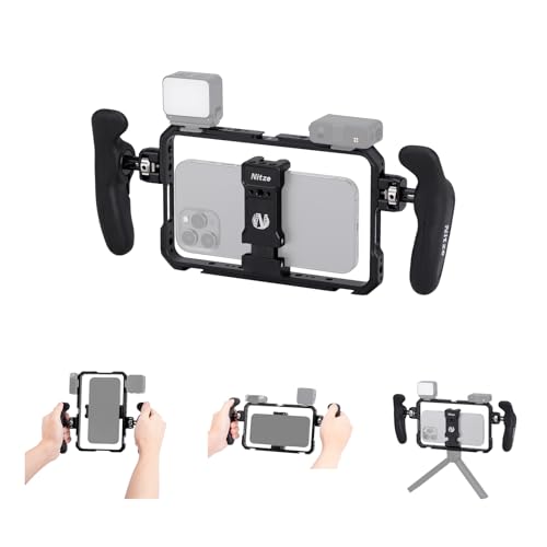 Nitze Smartphone Cage Universal Phone Video Rig with Ergonomic Side Handles Adjustable Cellphone Clamp and 5 Builtin Cold Shoes for Vlogger and Videographer TMP01B - Image 1