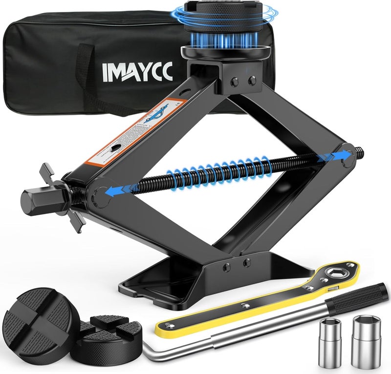 IMAYCC طقم رافعة سيارة 3 طن، رافعة مقصية عالمية للسيارة مع وسادة رافعة مطاطية، طقم تغيير إطارات محمول مع مفتاح ربط، طقم طوارئ للسيارات الرياضية متعددة الاستخدامات (SUV) والسيارات متعددة الأغراض (MPV) - Image 1