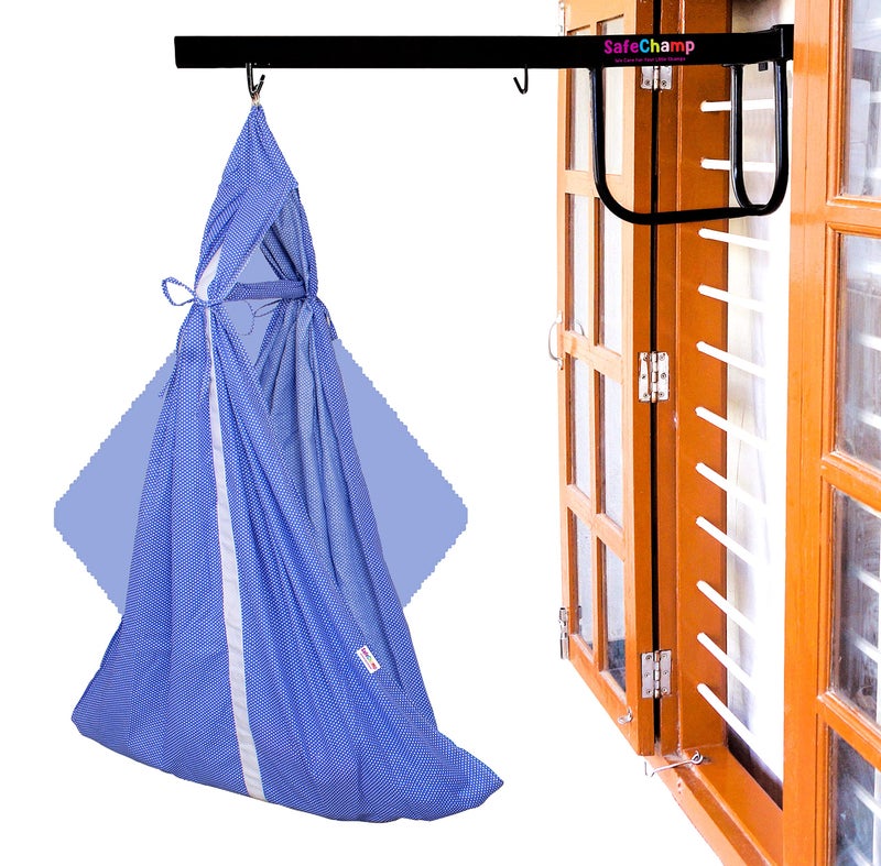 SafeChamp Small Dots Baby Cradle Cloth with Seperator and Metal Window Cradle Hanger. (Dark Blue) - Image 1