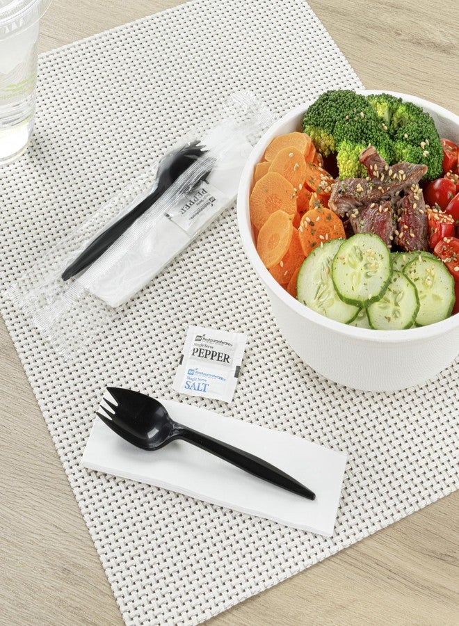 Restaurantware-RW Base 5.3 Inch Disposable Sporks, 500 Durable Medium Weight Sporks - With Napkin And Salt/Pepper Packets, Black Plastic Sporks, Individually Wrapped, For Restaurants And Travel - Image 3