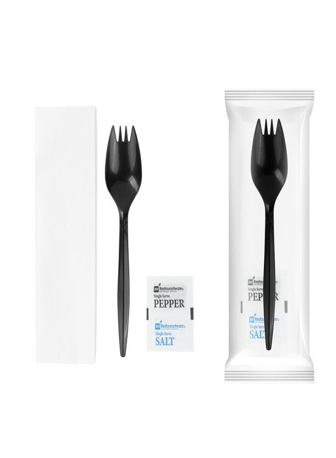 Restaurantware-RW Base 5.3 Inch Disposable Sporks, 500 Durable Medium Weight Sporks - With Napkin And Salt/Pepper Packets, Black Plastic Sporks, Individually Wrapped, For Restaurants And Travel - Image 1