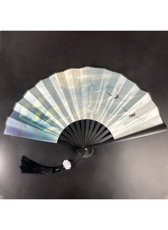Chinese Style 8 Inch Plastic Fan With Tassel Pendant Antique Domineering Folding Fan Men's Hanfu Dance Silk Cloth Fan Wholesale-Specification:8inch Animal Fan-Colour:8inch Tassel Folding Fan-03 - Image 1