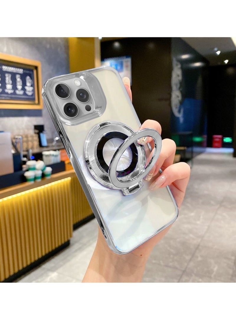 Wtech TPU Magsafe With Large Finger Hand Ring Grip Raised Bavel Camera Hole Luxury Plating Case Cover For Apple iPhone 15 Pro 2023 Silver  - Image 3