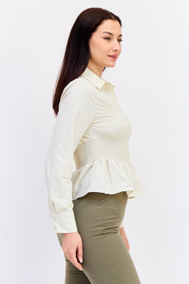 KOTON Ole x Koton Women Spread Collar Long Sleeves Textured Blouse, Beige - Image 4