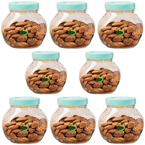 SAND DUNE Set of 8, 200 ml Each Storage Glass Jar Green Plastic Cap, Transparent | BPA Free | Storage Jar Containers/Barni for Kitchen for Aachar Pickle, Dry Fruits, Masala, Spices, and dals - Image 1