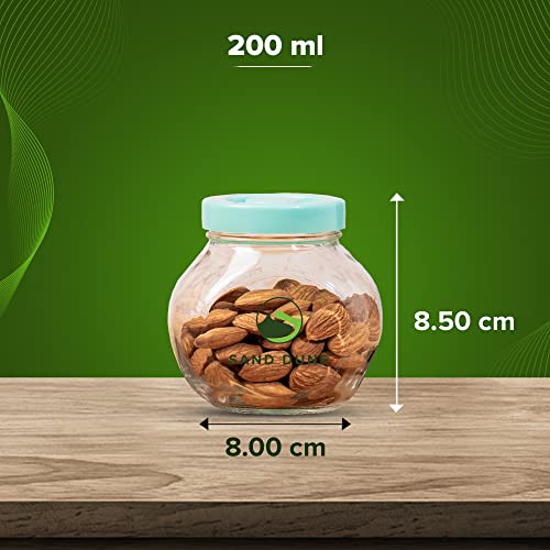 SAND DUNE Set of 8, 200 ml Each Storage Glass Jar Green Plastic Cap, Transparent | BPA Free | Storage Jar Containers/Barni for Kitchen for Aachar Pickle, Dry Fruits, Masala, Spices, and dals - Image 4