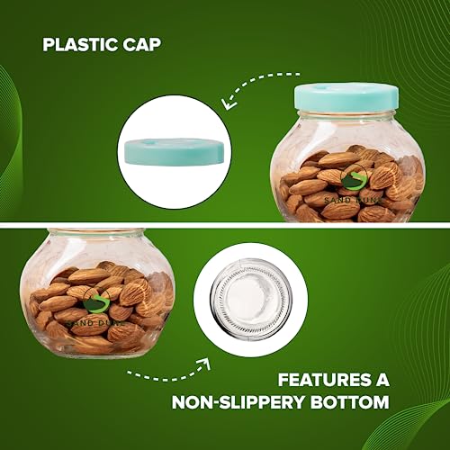 SAND DUNE Set of 8, 200 ml Each Storage Glass Jar Green Plastic Cap, Transparent | BPA Free | Storage Jar Containers/Barni for Kitchen for Aachar Pickle, Dry Fruits, Masala, Spices, and dals - Image 2