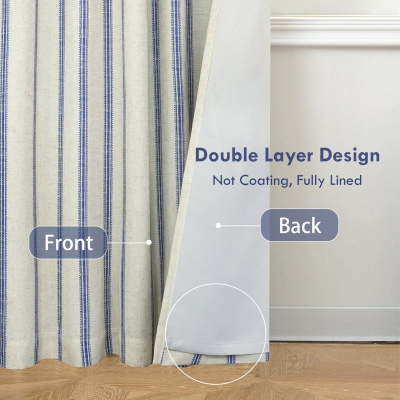 DriftAway Farmhouse Linen Blackout Curtains 96 Inches Long for Bedroom Striped Double Layer Thermal Insulated Sound Reducing Lined Back Tab Rustic Drapes for Living Room 2 Panels W52 x L96 Navy - Image 2