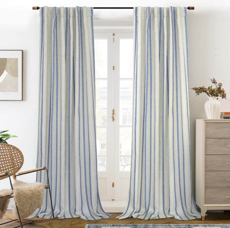 DriftAway Farmhouse Linen Blackout Curtains 96 Inches Long for Bedroom Striped Double Layer Thermal Insulated Sound Reducing Lined Back Tab Rustic Drapes for Living Room 2 Panels W52 x L96 Navy - Image 1