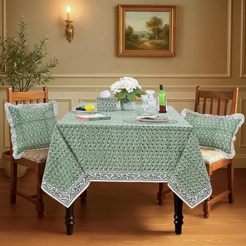 Ridhi Basil Green 60x60 Inches Square 100 Cotton Hand Block Print Tablecloth Washable Halloween ThanksgivingChristmas PartiesWedding UseFall dcor Farmhouse Dining Dinner Tablecloth - Image 3