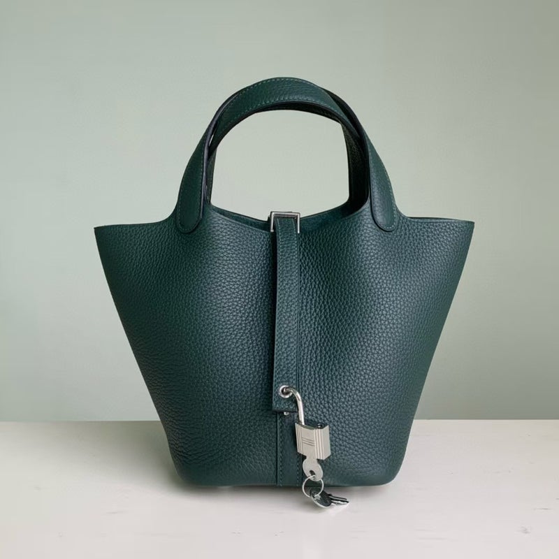 18cm Wax Line Hand Sewed TC Top Layer Cowhide Vegetable Basket Bag Bucket Bag Genuine Leather Womens Bag Handbag Pine cone green 